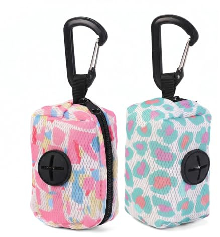2 Piezas Dispensador de Bolsas Caca Perro, Porta Bolsas de Excrementos con Mosquetón y Cremallera, Soporte para Bolsas de Basura para Mascotas, Accesorios para Pasear Perros, Rosa y Azul