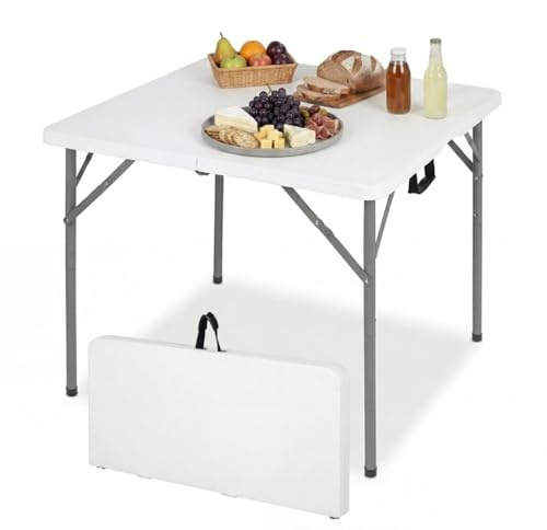 SPOTRAVEL Folding Camping Table, Picnic Table (White, 86 x 85.5 x 75 cm) | Lightweight Portable Square Table with Handle, Indoor Outdoor Garden Dining Table for Camping, Banquet, Party
