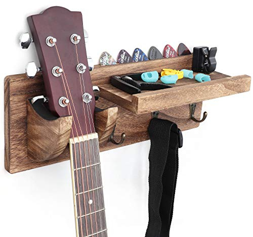 Bikoney Wall Mount Guitar Hanger Shelf with Pick Holder and 3 Hooks - Carbonized Black Guitar Holder for Acoustic, Electric, Bass, Ukulele [U.S. Patent]