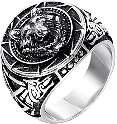 HIJONES Vintage Rond Sceau Loup Bague Argent pour Homme en Acier INOX