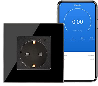 CNBINGO WLAN Schuko Steckdose unterputz mit Strommessung, 16 Amp Glas Smart Steckdose Arbeit mit Alexa(Echo, Echo Dot), Google Assistant, Nur 2.4 GHz WiFi, 1 Fach, Schwarz, 1er Pack