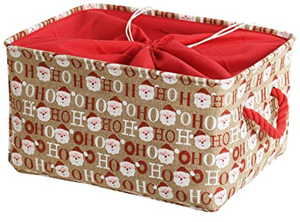 Grande Cesta de Navidad Caja de Almacenamiento de Adornos Navideños – Cesta de Regalo Plegable con Estampado Ho Ho Ho y Papá Noel, Asas de Cuerda Resistentes Organizador de Adornos, Juguetes y Regalo
