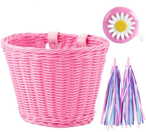 Bike Basket Kid Bicycle Basket Bike Accessories, 1pc Bicycle Bell with Stickers, 1pc Kid Bicycle Front Basket and 1pairs Colorful Ribbons Tassels Decoration for Girl Boy