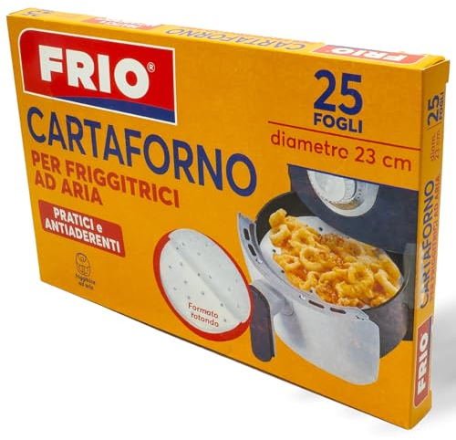 FRIO - Carta Forno per Friggitrici ad Aria - 25 Fogli Rotondi diametro 23 cm - Cottura Sana e Salutare. Formato rotondo, adatto a tutte le Airfryer