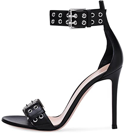 WOkismD Damen-Sandalen mit hohem Stiletto-Absatz, Knöchelriemen, Gürtelschnalle, offene Zehen-Pumps, modische Nieten, Nieten, Hochzeits-Party-Dressing-Schuhe,Schwarz,39