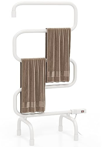COSTWAY Heated Towel Warmer, Freestanding & Wall-Mounted 5-Bar Drying Rack with Built-in Switch, Overheat Protection & Constant Temperature Control, for Bathroom, Spa, White