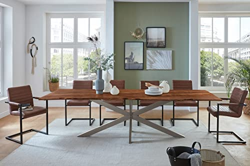 SAM Baumkantentisch 220 x 100 cm Clara, Akazienholz nussbaumfarben & massiv, Esstisch mit silbernem Spider-Metallgestell, Tischplatte 26 mm, Esszimmertisch