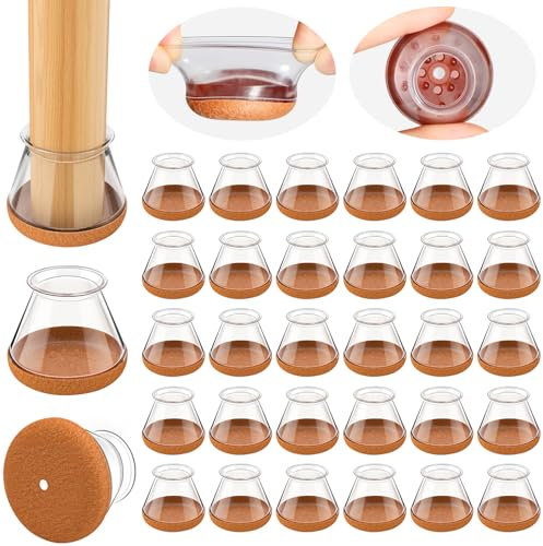 32 pièces Protection Pied de Chaise, Transparent Protege Pied de Chaise, Ronds Patins pour Chaises en Silicone avec Feutre épaissi, Convient aux planchers de Bois Franc (Fit:14-20mm)