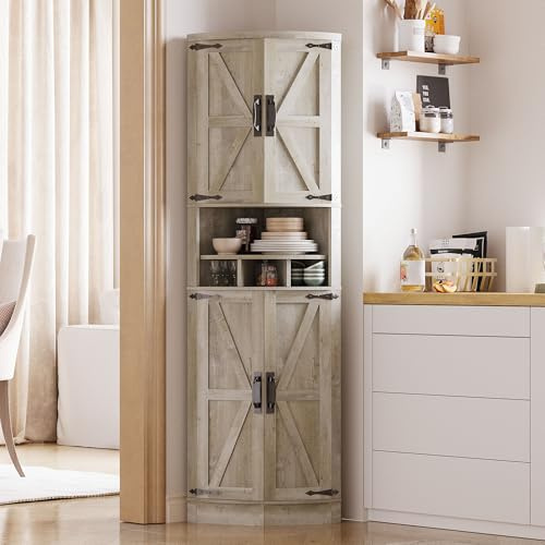 IRONCK Tall Corner Cabinet with 3 Wine Racks, Farmhouse Storage Cabinet with 4 Doors and Adjustable Shelves, Barn Door Design, Corner Bar Cabinet for Living Room, Kitchen, Laundry Room Rustic Maple