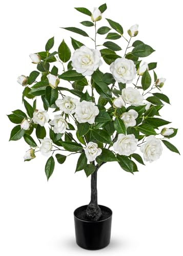 Oairse Konstgjort kameliaträd 90 cm falskt vitt blomträd i svart kruka, stor falsk krukväxt inomhus, realistiskt konstblommande träd för vardagsrum, kontor, sovrum heminredning