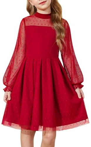 Arshiner Robe Fille Rouge Noël Soirée Mode Robe Trapèze Manches Longues Robes Fête Enfants Automne Hiver Robes Décontractée Vêtements Enfants 13-14 Ans