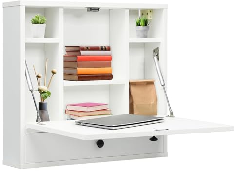 FANTASK Schreibtisch, klappbarer Computertisch mit Ablagefächern & Schublade, Wandklapptisch, Wandtisch für Home Office & kleine Räume (Weiß)
