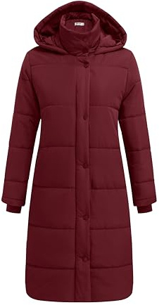 Zeagoo Abrigo largo de invierno para mujer, chaqueta cálida, chaqueta para exteriores, abrigo acolchado con capucha, abrigo de invierno, parka, chaqueta de invierno, borgoña, XXL