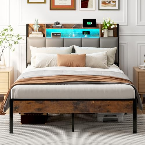 ODK 4ft6 Double Bed Frame with Storage Upholstered Headboard, LED Light & Charging Station, Platform Metal Bed Frame Double with Underbed Storage, Strong Metal Slat Support