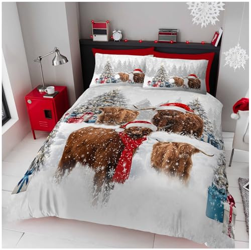 GC GAVENO CAVAILIA Christmas Duvet Cover King Size - Polyester Highland Cow Bedding(230x220 cm) - Breathable Soft Quilt Cover King bed with Pillowcases - Winter KingSize Bedding Bed Cover -Xmas Gift