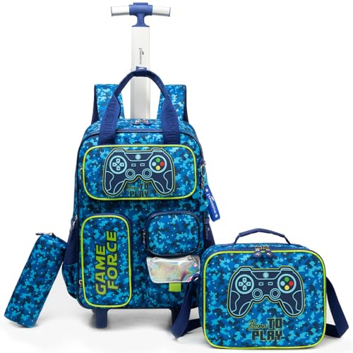 Egchescebo Zaino con Rotelle Bambino Tasche Multifunzionali Joystick Trolley Zainetto Asilo Scuola Elementare Primaria Borsa Pranzo Portamatite Grande Carrello Valigia Ragazzo Viaggio Blu