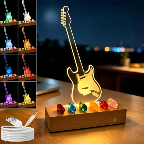 Light Up Guitar Pick Holder, Rechargeable Touch Control Pick Display Case | 8-Color Storage Stand Night Light with 6 Picks Guitar Accessories Gift for Guitar Players Music Lovers (Guitar)