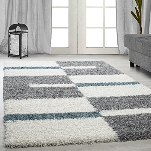 Carpetsale24 Hochflor Teppich 200 x 290 cm Blau-Grau – Weicher Shaggy Flokati im Karierten Design – Großer Wohnteppich für Wohnzimmer, Schlafzimmer oder Esszimmer – Pflegeleicht & modern