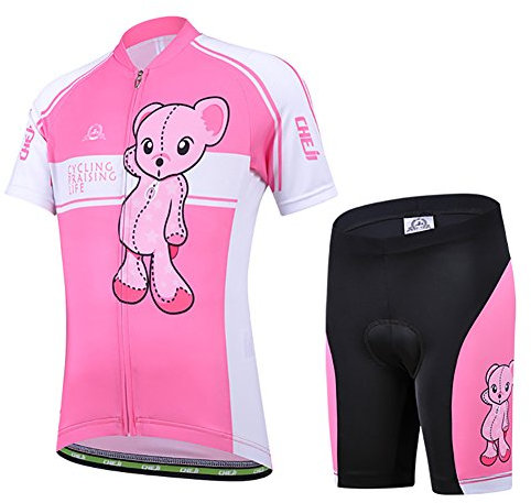 LSHEL Kinder Jungen Fahrradbekleidung Set Mädchen Atmungsaktive Trikot Kurzarm & Radhose mit 3D Sitzpolster MTB Radsportanzug, Rosa, 122/128(Herstellergröße: L)