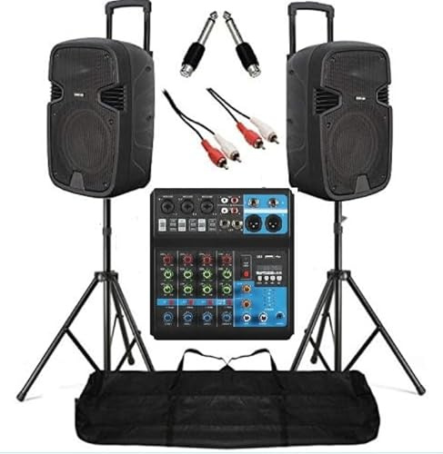 IMPIANTO AUDIO COMPLETO 2 casse amplificate 900w attive + mixer 5 Ch USB + stativi con borsa + cavo 3 mt + 2 adattatori