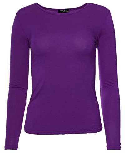 Easy Young Fashion - Damen Basic Rundhals Shirt - Langarm Unterziehshirt - Skinny Fit 1093 - Violett S