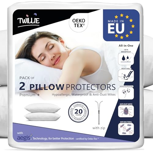 Twillie Kissenbezug Wasserdichter 65x65 cm (Set mit 2 Stück) - Aegis® - Öko-TEX® zert. – Kissenschoner mit Reißverschluss – Kissenschutzbezug Atmungsaktiv, Hypoallergen, Anti-Milben, Antibakteriell