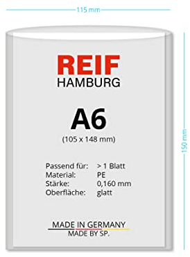 REIF Hamburg 16100 DIN A6 Hüllen farblos, 100 Stück aus PE Stärke 0,130 mm, dokumentenecht, Dokumentenhülle für bis zu 20 Blatt, Schmalseite oben offen, Made in Germany