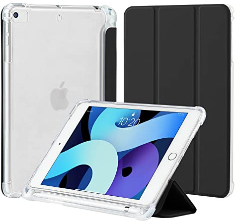 4UBonLife Fodral för iPad Mini 5 Mini 4 med Pennhållare 7,9 tum, Smalt Lätt Smart Cover Case, Mjuk TPU Genomskinligt Frostat Bakskydd Skal för iPad Mini 4:e 5:e, Svart