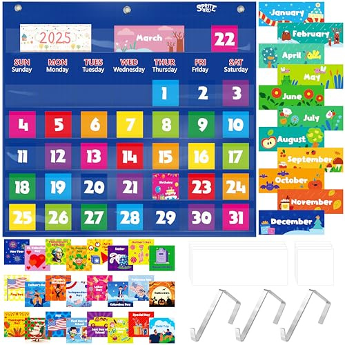 Calendar Pocket Chart for Classroom and Home - Monthly Chart with 76 Cards (68 Illustrated Activity, 8 Dry Erase Blank) and 3 Over Door Metal Hangers - Preschool (20 x 19)