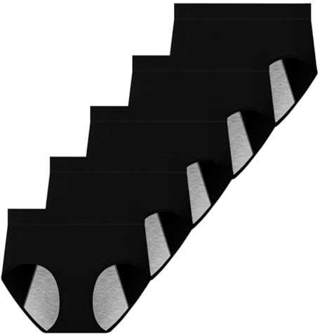 Yintry periodiska underkläder för kvinnor, medelhög midja, menstrosor, läckagesäker trosa för lätta perioder, 5 stycken (använd bindemedel eller tamponger), 5svart, XXL