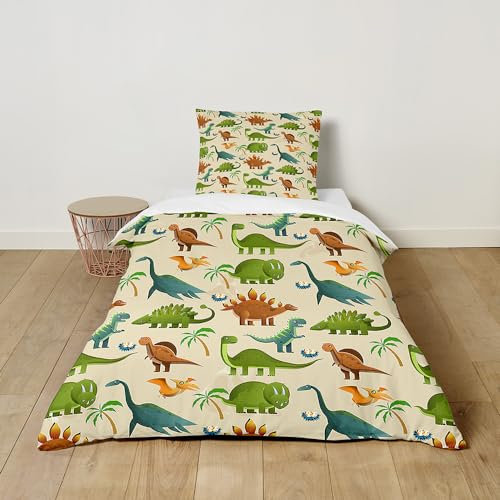 FANSU Kinder Jungen Dinosaurier Bedrucktes Bettbezug Cartoon Bettwäsche Set 2 teilige Weich Mikrofaser Bettbezug mit Reißverschluss und Passender Kissenbezug (135x200cm,Khaki-Dinosaurier)