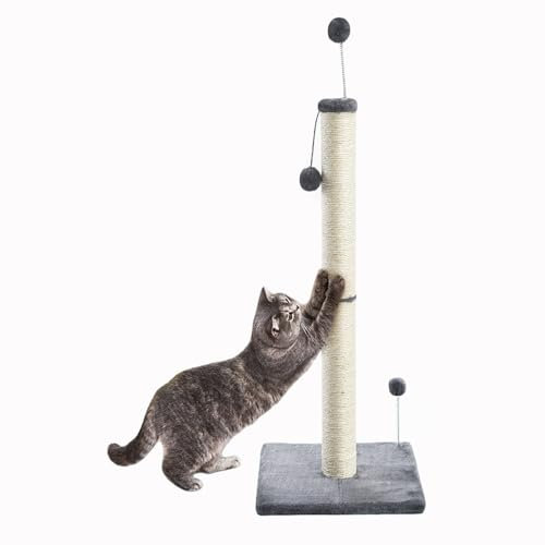 Kratzsäule für Katzen,Kratzbaum für Katzen 97cm Kratzsäule XXL Natural Sisal Seil Pole mit hängendem Ball, weicher Plüsch,Scratching Post