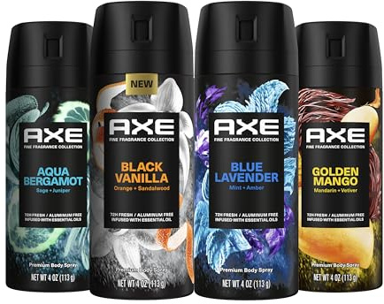 AXE Fine Fragrance Collection Premium Deodorant Body Spray for Men - Variety Pack - Blue Lavender, Aqua Bergamot, Golden Mango, & Black Vanilla - Pack of 4 72H Odor Protection, Aluminum Free, 4 oz