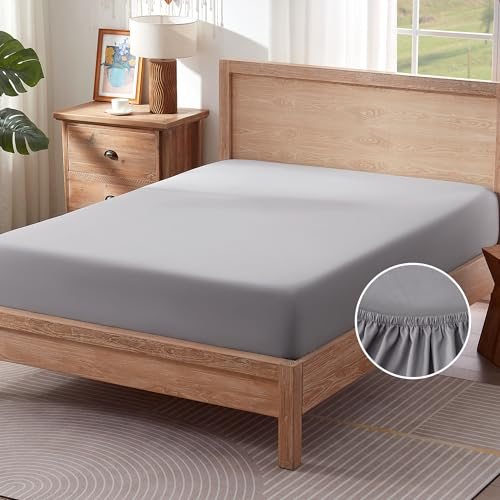 Sonive Spannbettlaken Betttuch Gebürstete Polyester Spannbetttuch,rutschfest,Maschinenwaschbar,Leicht, Weich, für Jugendliche,Hellgrau, 140x200cm