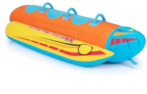 HOMASIS Bote Inflable en Forma de plátano, Hinchable de mar con Descarga y Cuerda de Remolque para 3 Personas, Capacidad 231 kg, Tubo remolcable para Paseos y Deportes acuáticos, 252 x 108 x 51 cm