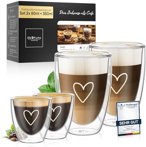 ElbFuchs® Tasse double paroi espresso et latte COEUR [2x 80ml + 2x 350ml] Tasse espresso transparente | Verre double paroi | Tasse à café original | Tasses à expresso double paroi