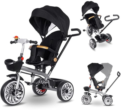 Vinteky Kinderdreirad 6in1, Dreirad mit Schubstange Lenksystem, drehbarer Komfortsitz, Kinder Dreirad mit Elterngriff, Sonnendach, Gummiräder, Jogger vorwärts und Rückwärtsfahrt, Buggy Fahrrad