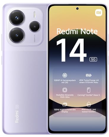 XIAOMI Redmi Note 14 5G - Smartphone de 8+256GB, Pantalla de 6.67 AMOLED FHD+ 120Hz, MediaTek Dimensity 7025-Ultra, cámara de 108MP, 5110 mAh, Cargador no Incluido, Morado (Versión ES)