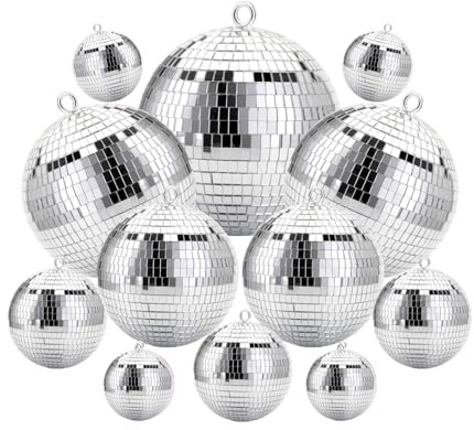 Jicyor 12 stycken discobollar, discospegelboll rosa mini disco bollar, discokula spegelkula för julgransdekoration, ljuseffekt, bröllop, hem, fest (10/7/5/3/2 cm) (silver)