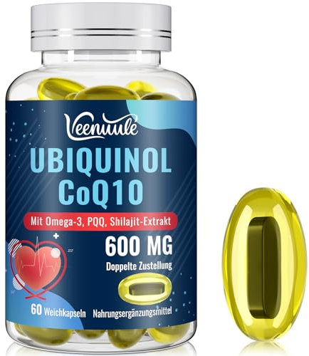Ubiquinol CoQ10 600 mg Weichgelkapseln mit Shilajit-Extrakt 300 mg, Omega-3 150mg - Dual-Liefersystem - Verbesserte Aufnahme (60 stück (1er Pack))