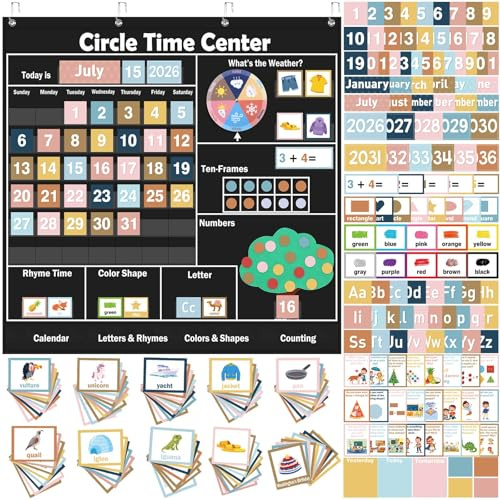 Pasimy 284 Pcs Circle Time Learning Center Classroom Pocket Chart Boho Circle Time Calendar Learning Math Calendar Weather Color Shape for Home Classroom Decoration Back to School Supplies