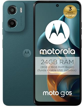 Moto g05 24GB (8G+16GB RAM Boost)/256GB Azul, España, Pantalla superbrillante de 6.67 Pulgadas, Sistema de cámaras de 50 MP, Modo Retrato con IA, Soft luxe, Corning Gorilla Glass 3, batería 5200 mAh