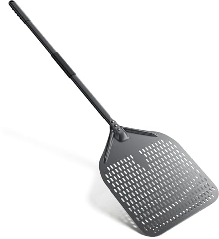 Pizzaspade 30 cm x 39 cm lång pizzaspade av hård anodiserad aluminium med värmeisolerande silikonhylsa, perforerad pizzaskrapa för pizzor, ugnsbröd, total längd 111 cm