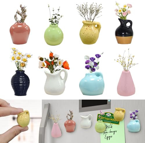 VLUNT 8Pcs Cute Mini Ceramic Vases Magnet for Fridge Magnetic Bud Vases for Refrigerator Tiny 3D Faux Ceramic Flower Magnets for Kitchen Locker Office Decor Funny Gift for Mum