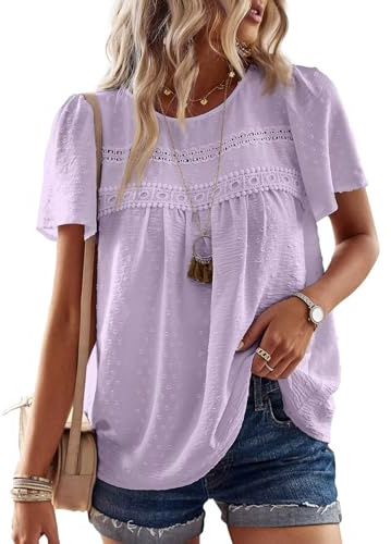 TUUHAW Femme Chemisier Boho Blouse Manches Courtes Col Rond Tunique Fluide | Dentelle T-Shirt, Décontracté Tops, Chemise Chic et Élégant, Été Fluide Hauts, Confortable T-Shirt, Vacances Formel Blouse