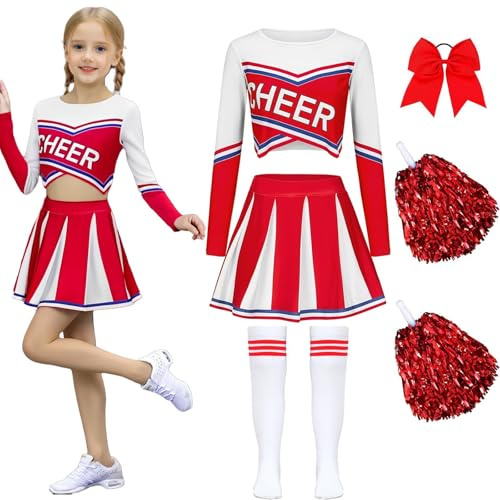 Deguisement Cheerleader Costume Pompom Girl avec Pom Poms Nœud Et Chaussettes Costume de Cheerleader Uniforme de Cheerleadering Pour Carnaval Cosplay Mascarade Halloween FêTe Performance-Red 160