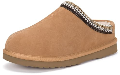 Mujer Hombre Pantuflas De Ante Cuero Genuino Invierno Cálido Forro De Fieltro Zapatillas Casa Impermeable Antideslizante Slippers,Marrón Claro,43 EU