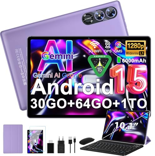 Android 15 Tablette 10 Pouces avec Gemini AI, Octa-Core Tablettes PC, 30 GO RAM+ 64 GO ROM (1TO TF), 3.5mm Audio/ WiFi 6 & BT 5.0 / 6000mAh /GPS/Widevine L1,Tablettes avec Clavier+Souris et Cas-violet
