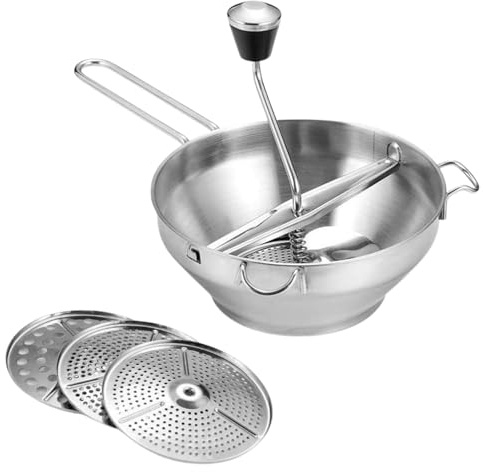 Molino de acero inoxidable – 7,48 x 7,87 x 12,99 pulgadas, amoladora a mano, herramienta manual de cocina con 3 discos para puré de verduras, frutas, sopas, salsas, alimentos para