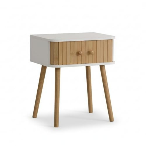 INDE MOBLEKIT | Mesita de Noche Blanca con Puertas de Bambú, 40x30x47 cm, Mesilla Dormitorio Estilo Nórdico, Mesa Auxiliar Madera Compacta, Mesitas de Noche Madera para Salón y Habitación